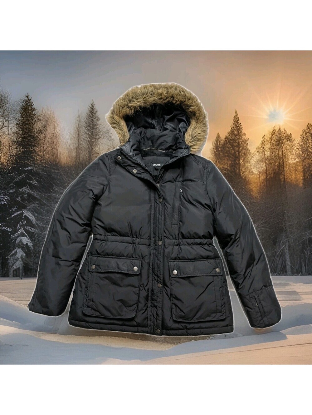 DKNY Down Winter Puffer Coat Jacket Parka Faux Fur Hooded Women MEDIUM Ski Black
